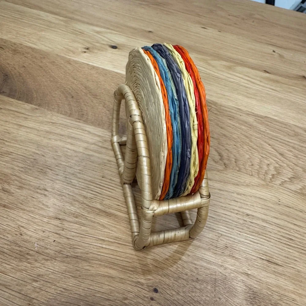 Vintage Woven Raffia Coasters Set of 8 with Wicker Holder Multicolor Boho‎ Decor
